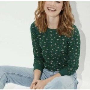 American Eagle Long Sleeve Thermal Shirt Dark Green Pink Floral - Size M